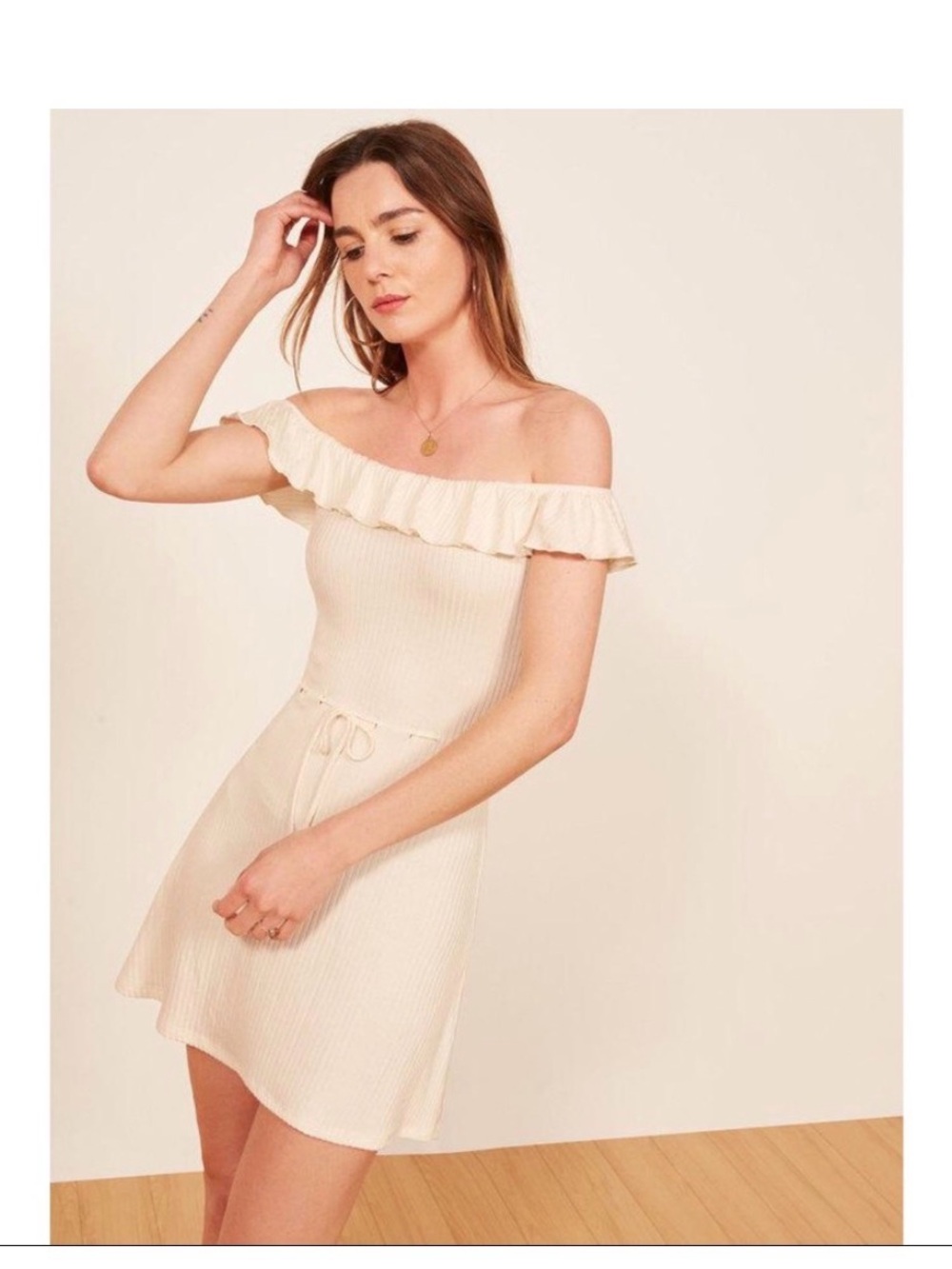 Reformation Grenada dress Ivory Ribbed Ruffle Mini Dress Size M